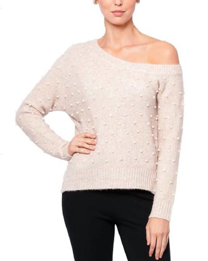 Front of a model wearing a size Large Adalynn One Shoulder Sweater in Blush in Blush by Love Token. | dia_product_style_image_id:346827